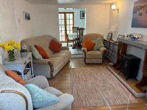 a living room with two couches and a fireplace at Coedmor in Newport