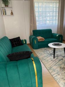 a living room with a green couch and a table at Esskayhomestays in Eldoret
