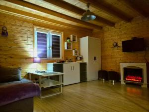 a living room with a couch and a fireplace at Lawendowy Domek Mazury in Rydzewo