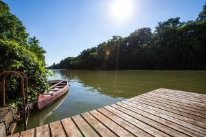 a boat is docked at a dock on a lake at Ciprus nyaraló in Szarvas