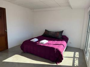 a bedroom with a purple bed with two towels on it at Departamento Martinez San Isidro con AA y Wifi velocidad Ideal para quienes necesitan alojarse cerca de clínicas como Trinidad San Isidro Las Lomas o Fertilitis excelente acceso desde Panamericana y Thames espacio comodo tranquilo y totalmente equipado in Martínez +4 photos