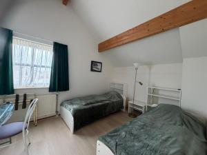 a bedroom with two beds and a desk and a window at Villa Tulp & Duin in Julianadorp