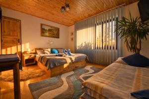 a bedroom with two beds and a large window at Penzión Daria in Batizovce +24 photos