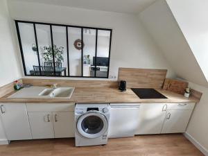 a kitchen with a sink and a washing machine at Superbe cocon de 44m2 in Longvic
