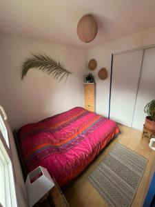 a bedroom with a bed with a pink blanket at Charmant appartement avec vue montagne in Luz-Saint-Sauveur