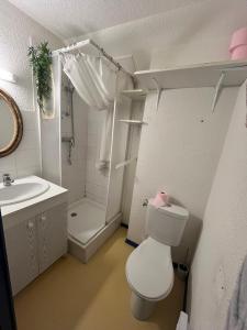 a bathroom with a toilet and a sink and a shower at Charmant appartement avec vue montagne in Luz-Saint-Sauveur