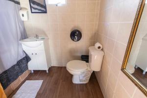 a bathroom with a toilet and a sink and a mirror at Cabañas Lago Tyndall in Torres del Paine