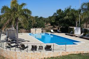 a large swimming pool with chairs and palm trees at Antica Masseria Jorche in Torricella