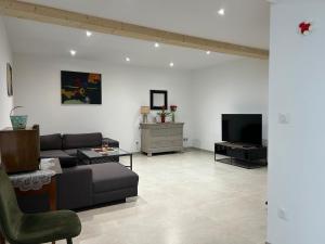 a living room with a couch and a tv at Maison Colmar, spacieuse, accueillante , confortable au calme in Colmar