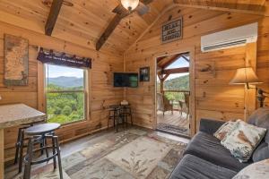a living room with a couch and a television in a cabin at Cedar Heights Tiny House Log Cabin in Bryson City