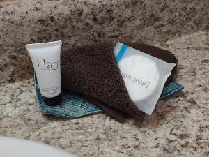 a towel and a bottle of hair soap on a counter at Cedar Heights Tiny House Log Cabin in Bryson City +40 photos