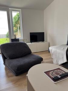 a living room with a couch and a tv at Comfy House Privé in Erftstadt