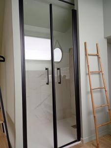 a glass shower door in a bathroom with a ladder at le jardin Médicis avec spa et sauna in Trédion +15 photos