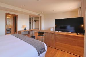 una camera da letto con un grande televisore su un mobile porta TV in legno di Hotel Fonsispa a Bisaurri
