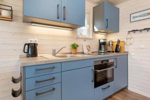 a kitchen with blue cabinets and a sink at Snowbird in Lübeck