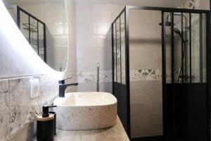 a bathroom with a sink and a shower at Le Saint Regis - Hyper centre. in Le Puy-en-Velay