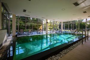 a swimming pool in a house with windows at Arsenal Park Transilvania in Orăştie