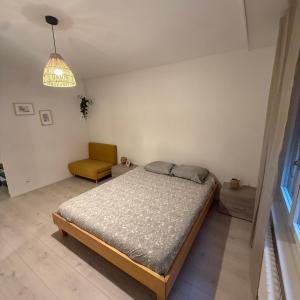 a bedroom with a bed and a chair in it at Appt Lausanne Gare - Totti in Lausanne