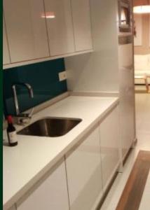 a kitchen with a sink and white cabinets at Appt Lausanne Gare - Totti in Lausanne