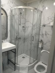 a bathroom with a shower with a toilet and a sink at Rezydencja Rosa in Przemyśl