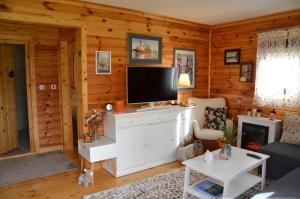 a living room with a tv on top of a cabinet at The Village Cottage in Natsovtsi