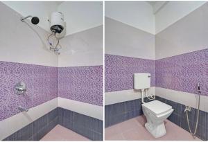 two pictures of a bathroom with purple walls and a toilet at Hotel Sri Krishna palace in Kātni