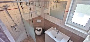 a bathroom with a shower toilet and a sink at Ferienhaus Ostseebrise Usedom im Grünen familienfreundlich ruhig Parkplatz Terrasse Kamin in Karlshagen +34 photos