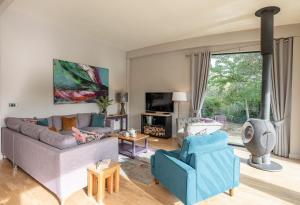 a living room with a gray couch and a blue chair at Finley in Richmond
