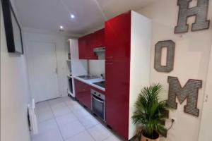 a kitchen with red cabinets and a plant in a room at Modern in Bègles