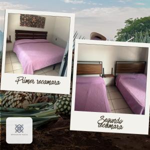 two pictures of a bed with a pink blanket at Casa Morelos Tekilán in Tequila