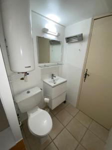 a bathroom with a toilet and a sink and a mirror at Charmant studio à Viens in Viens