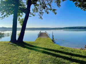 a dock in the middle of a lake with trees at Seeluft in Warin