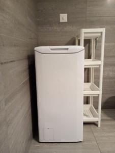 a white refrigerator in a room with a shelf at Lake View Suite 86 in Melide in Melide