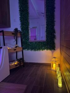 a room with a mirror and plants on the wall at SpaNish SKY 1 sauna&jacuzzi in Niš