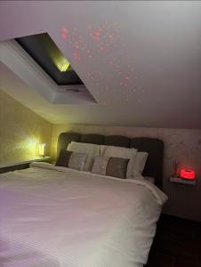 a bedroom with a white bed with stars on the ceiling at SpaNish SKY 1 sauna&jacuzzi in Niš