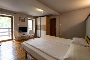 a bedroom with a bed and a desk and a television at Arsenal Park Transilvania in Orăştie