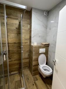 a bathroom with a toilet and a shower at Stan na dan Stanojević in Bratunac +5 photos