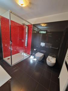 a bathroom with a shower and a toilet and a sink at Luxury casa Margherita in Pianello Del Lario +22 photos