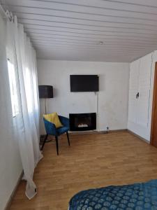 a living room with a chair and a fireplace at Cantinho do Corgo in Vila Real