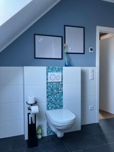 a bathroom with a toilet and a blue wall at freiheitACHT in Raesfeld +36 photos