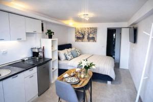 a small apartment with a kitchen and a bed at Abby Apartment Koper in Koper