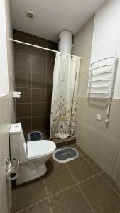 a bathroom with a toilet and a shower curtain at La casa di Elena in Reni +16 photos