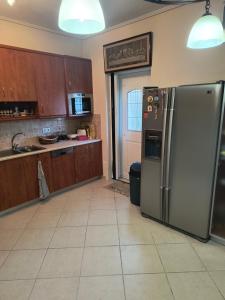 a kitchen with a large stainless steel refrigerator at Big Terrace 180 view to sea in Akritokhórion