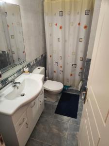 a bathroom with a sink and a toilet and a shower curtain at Big Terrace 180 view to sea in Akritokhórion +7 photos