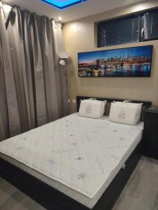 a bed with two pillows on it in a bedroom at Twins Apartments in Sozopol