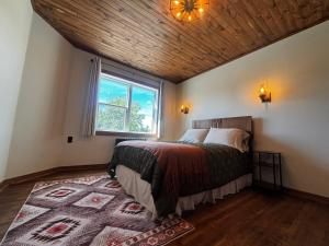 ein Schlafzimmer mit einem Bett, einem Fenster und einem Teppich in der Unterkunft Twin Cities Hotel in Turner Valley + 42 Fotos