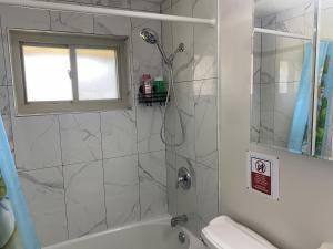 a bathroom with a shower and a toilet and a sink at Bachome in Kettering +23 photos