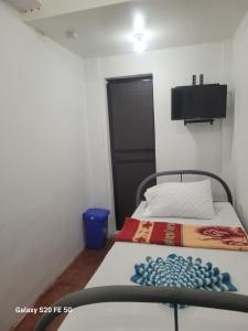 a small room with a bed and a tv at Knights-Apple Inn in Mambajao
