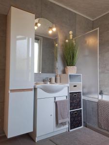 a bathroom with a sink and a mirror at La Ptite Maison Gîte Alsace à la campagne in Sickert