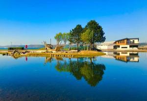a large body of water with trees and a building at Lodge Cabin with Fabulous Views 2 - Farm Stay in Portpatrick